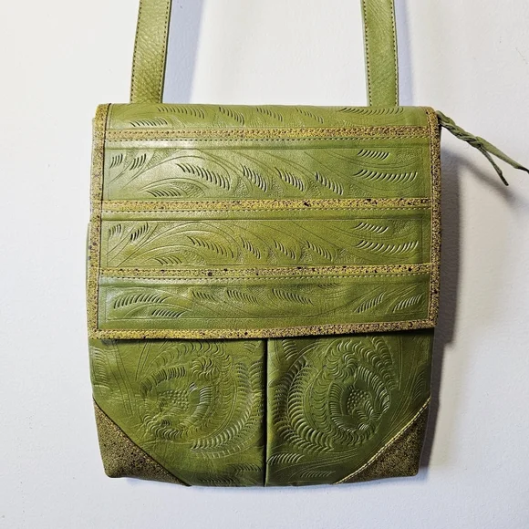 Artisan Etched Leather Crossbody Purse 10" x 12" Tooled Boho EUC - Picture 1 of 4